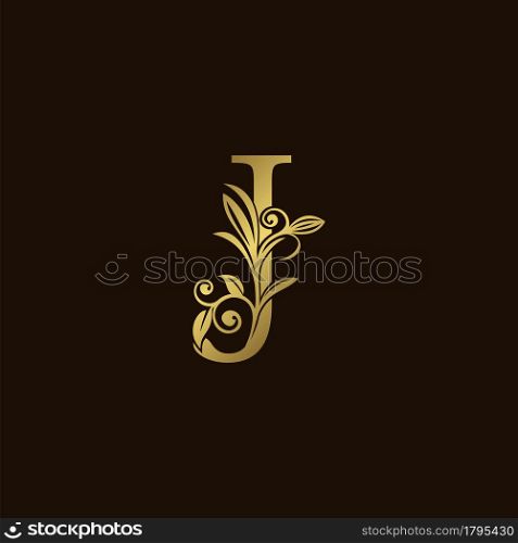Gold Nature Leaf J Luxury Letter Logo Concept. Elegant floral style with alphabet vector design
