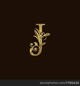 Gold Nature Leaf J Luxury Letter Logo Concept. Elegant floral style with alphabet vector design