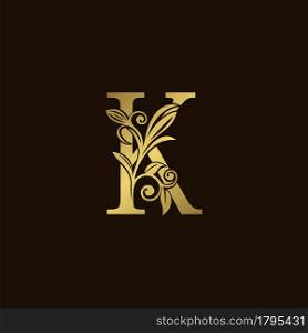 Gold Nature Leaf K Luxury Letter Logo Concept. Elegant floral style with alphabet vector design