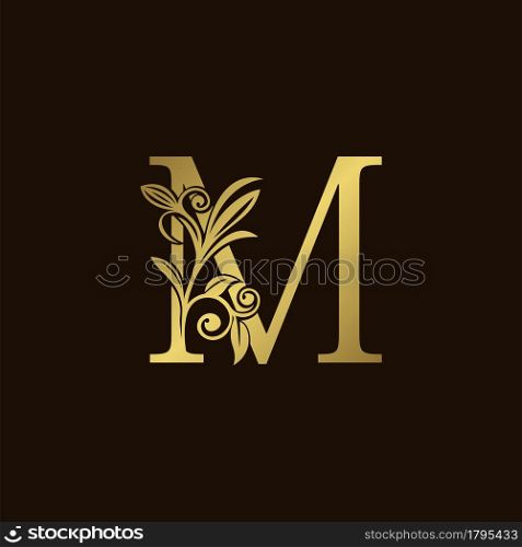 Gold Nature Leaf M Luxury Letter Logo Concept. Elegant floral style with alphabet vector design