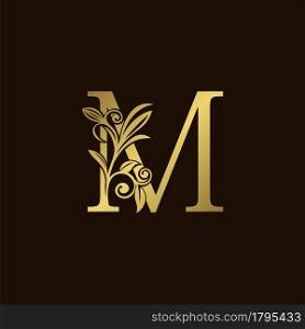 Gold Nature Leaf M Luxury Letter Logo Concept. Elegant floral style with alphabet vector design