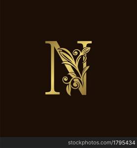 Gold Nature Leaf N Luxury Letter Logo Concept. Elegant floral style with alphabet vector design