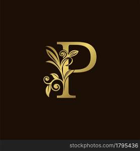 Gold Nature Leaf P Luxury Letter Logo Concept. Elegant floral style with alphabet vector design