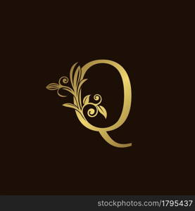 Gold Nature Leaf Q Luxury Letter Logo Concept. Elegant floral style with alphabet vector design