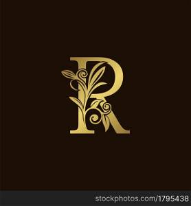 Gold Nature Leaf R Luxury Letter Logo Concept. Elegant floral style with alphabet vector design