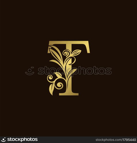 Gold Nature Leaf T Luxury Letter Logo Concept. Elegant floral style with alphabet vector design