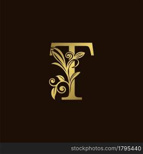 Gold Nature Leaf T Luxury Letter Logo Concept. Elegant floral style with alphabet vector design
