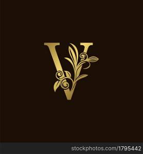 Gold Nature Leaf V Luxury Letter Logo Concept. Elegant floral style with alphabet vector design