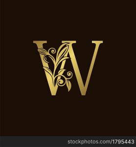 Gold Nature Leaf W Luxury Letter Logo Concept. Elegant floral style with alphabet vector design