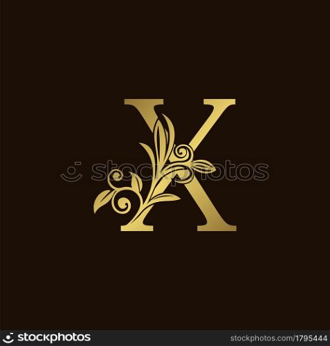 Gold Nature Leaf X Luxury Letter Logo Concept. Elegant floral style with alphabet vector design