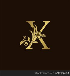 Gold Nature Leaf X Luxury Letter Logo Concept. Elegant floral style with alphabet vector design