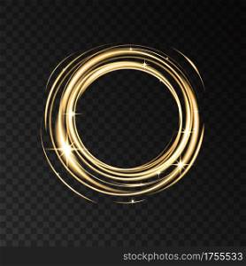 Gold neon circle lights effect with sparkles isolated on black transparent background. Shining golden magic flash energy beams. Vector design element.