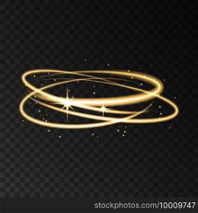 Gold neon circle speed motion lights effect with sparks isolated on black transparent background. Shining  golden  magic flash ring trace. Vector glitter shimmer ovals.