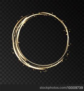 Gold neon round frame with lights effects isolated on black transparent background. Shining  golden  circle with magic glitter sparkles. Vector design element.