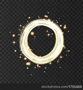 Gold neon round frame with lights effects isolated on black transparent background. Shining golden circle with magic glitter sparkles. Vector design element.