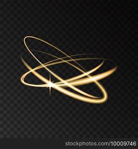 Gold neon round speed motion lights effects with star isolated on black transparent background. Shining  golden  magic flash ring trace. Vector glitter shimmer ellipse.