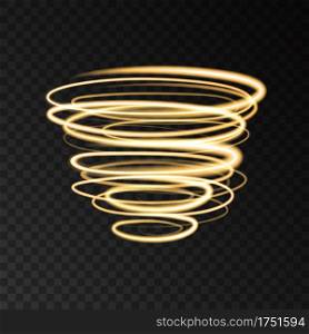 Gold neon swirling circles speed motion lights effects isolated on black transparent background. Shining golden magic ring trace. Vector glitter shimmer spiral.