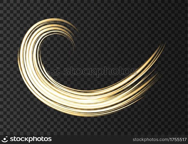Gold neon wave lights effects isolated on black transparent background. Shining golden magic flash energy beams. Vector design element.