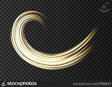 Gold neon wave lights effects isolated on black transparent background. Shining golden magic flash energy beams. Vector design element.