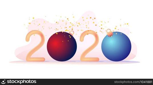 Gold numbers 2020. Red and blue ball Christmas tree toy. Golden sweets at numbers. New Year Greeting Card. Christmas gift Card. Banner for the site