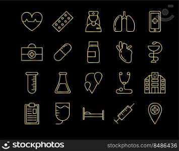 gold of medical icons isolate on black background