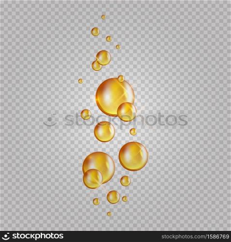 Gold oil bubbles. Vector blink collagen capsules. Cosmetics oil drops isolated on transparent background. Realistic essence gold collagen illustration. Gold oil bubbles. Vector blink collagen capsules. Cosmetics oil drops isolated on transparent background