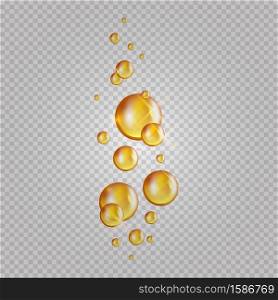 Gold oil bubbles. Vector blink collagen capsules. Cosmetics oil drops isolated on transparent background. Realistic essence gold collagen illustration. Gold oil bubbles. Vector blink collagen capsules. Cosmetics oil drops isolated on transparent background