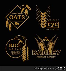 Gold organic wheat grain farming agriculture vector logo set on black background. Illustration of rice and barley, rye and on emblem. Gold organic wheat grain farming agriculture vector logo set on black background