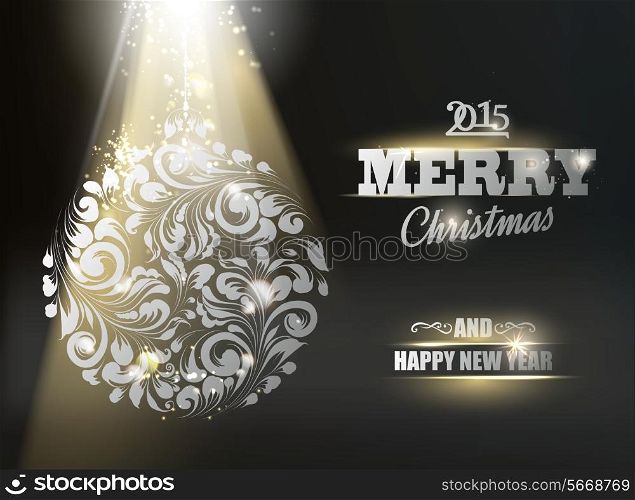 Gold ornament glow over dark background on christmas night. Vector illustration.