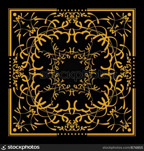 Gold ornament on black background. Can be used as invitation card or cover. Vector illustration