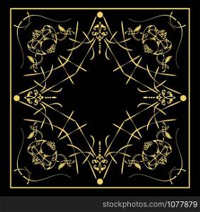 Gold ornament on black dark blue background. Can be used as invitation card. Vector illustration