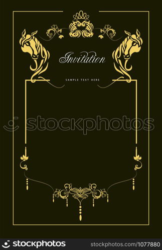 Gold ornament on black dark blue background. Can be used as invitation card. Vector illustration