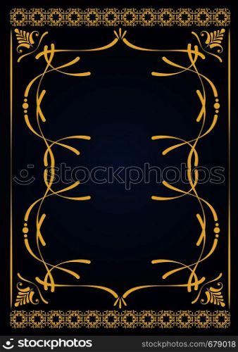 Gold ornament on blue background. Can be used as invitation card or cover. Vector illustration