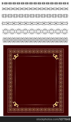 Gold ornament on brown background and set of dividers Vector illustration
