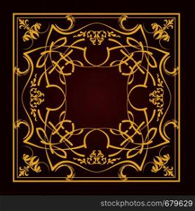 Gold ornament on brown background. Can be used as invitation card or cover. Vector illustration