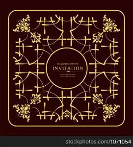 Gold ornament on brown background. Can be used as invitation card. Vector illustration