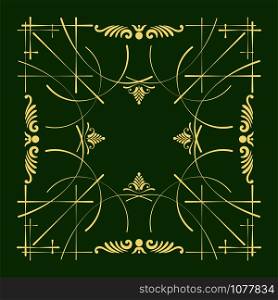 Gold ornament on dark green background. Can be used as invitation card. Vector illustration