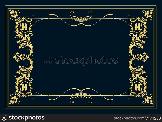 Gold ornament on deep blue background. Can be used as invitation card. Vector illustration