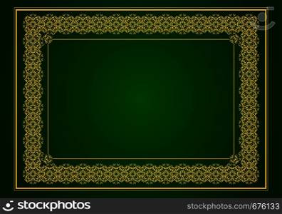 Gold ornament on green background. Can be used as invitation card or cover. Vector illustration