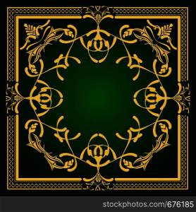 Gold ornament on green background. Can be used as invitation card or cover. Vector illustration