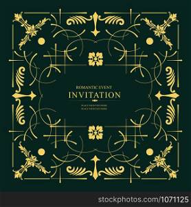 Gold ornament on green dark background. Can be used as invitation card. Vector illustration