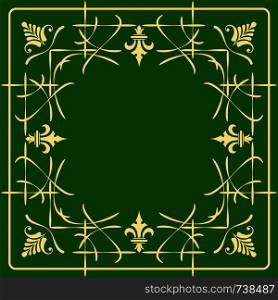Gold ornament on green deep background. Can be used as invitation card. Vector illustration
