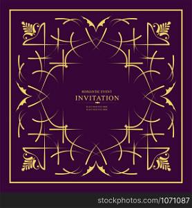 Gold ornament on puple background. Can be used as invitation card. Vector illustration