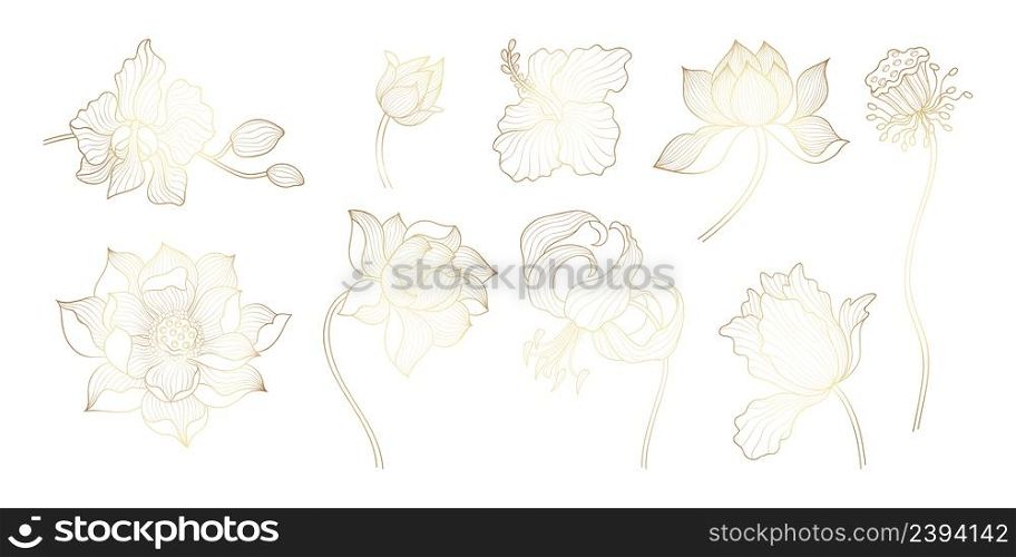 Gold outline flowers. Asian golden lotus, yoga floral bloom art elements. Indian flower, orchid and leaves. Oriental exotic plants nowaday vector set. Illustration of lotus gold outline ornament. Gold outline flowers. Asian golden lotus, yoga floral bloom art elements. Indian flower, orchid and leaves. Oriental exotic plants nowaday vector set