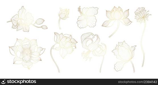 Gold outline flowers. Asian golden lotus, yoga floral bloom art elements. Indian flower, orchid and leaves. Oriental exotic plants nowaday vector set. Illustration of lotus gold outline ornament. Gold outline flowers. Asian golden lotus, yoga floral bloom art elements. Indian flower, orchid and leaves. Oriental exotic plants nowaday vector set