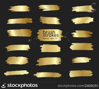 Gold paint brush. Vector golden hand painted smear stroke stain. Abstract art background. Collection of golden paint strokes. illustration - Vector