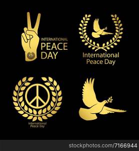 Gold peace day logos and emblems vector design on black background. Gold peace day logos set