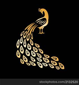 Gold peacock. Golden peafowl logo element, crystal feathers tail peecoock bird, indian decorative peacock vector graphics isolated on black background. Gold peacock. Golden peafowl logo element, crystal feathers tail peecoock bird, indian decorative peacock isolated on black background