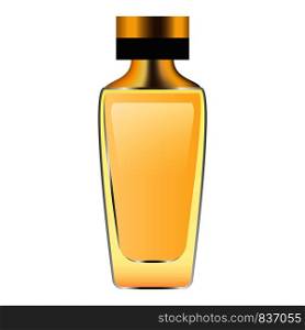 Gold perfume bottle mockup. Realistic illustration of gold perfume bottle vector mockup for web design isolated on white background. Gold perfume bottle mockup, realistic style
