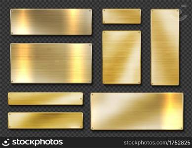Gold plates. Realistic golden metal banners. 3D screwed shiny boards on transparent background. Isolated planks with glisten metallic texture. Blank square shapes, vector templates set for engraving. Gold plates. Realistic golden metal banners. 3D screwed boards on transparent background. Planks with glisten metallic texture. Blank square shapes, vector templates set for engraving